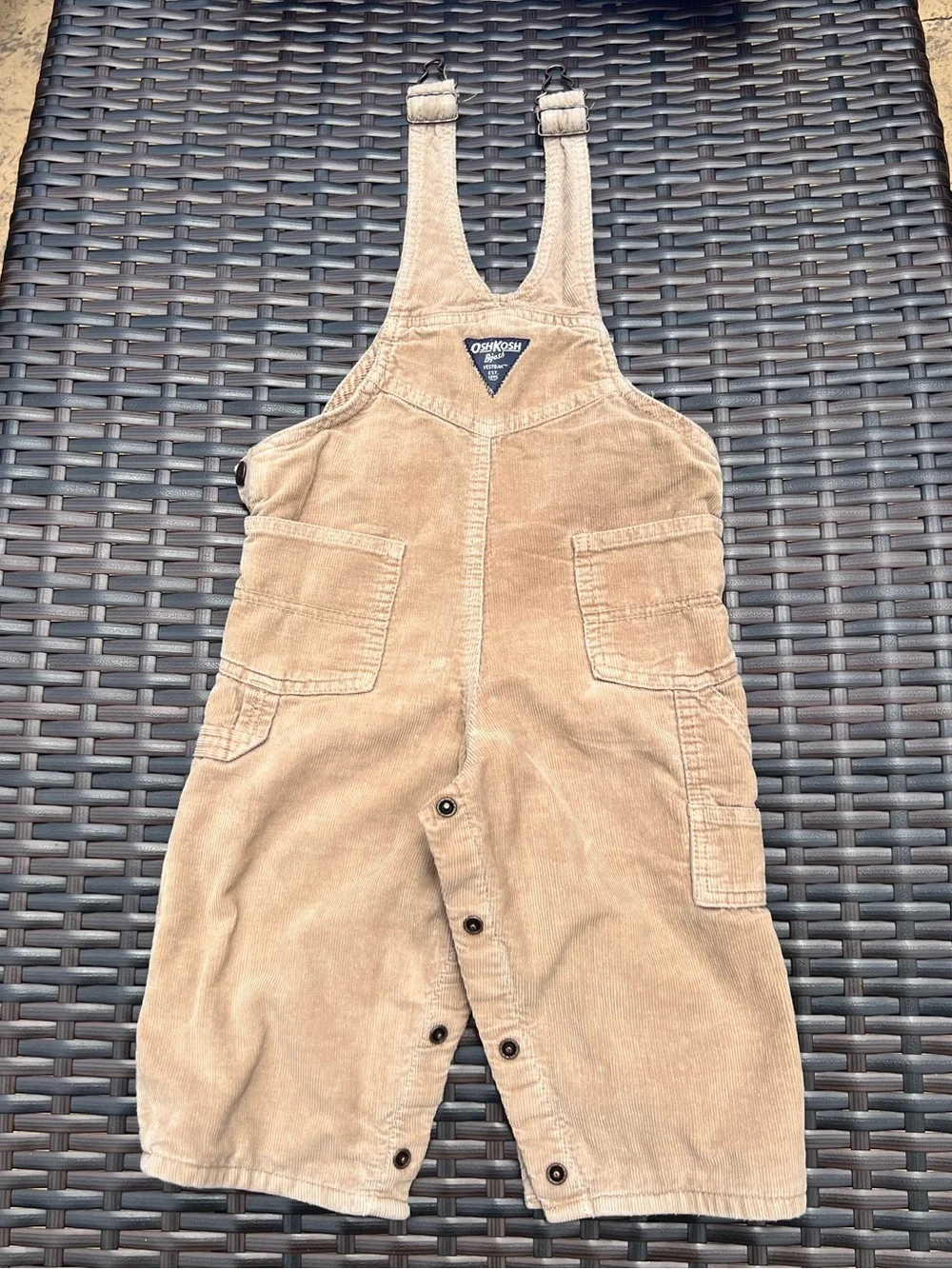 OshKosh B'gosh Tan Corduroy Overalls with Red Plaid Lining 18M